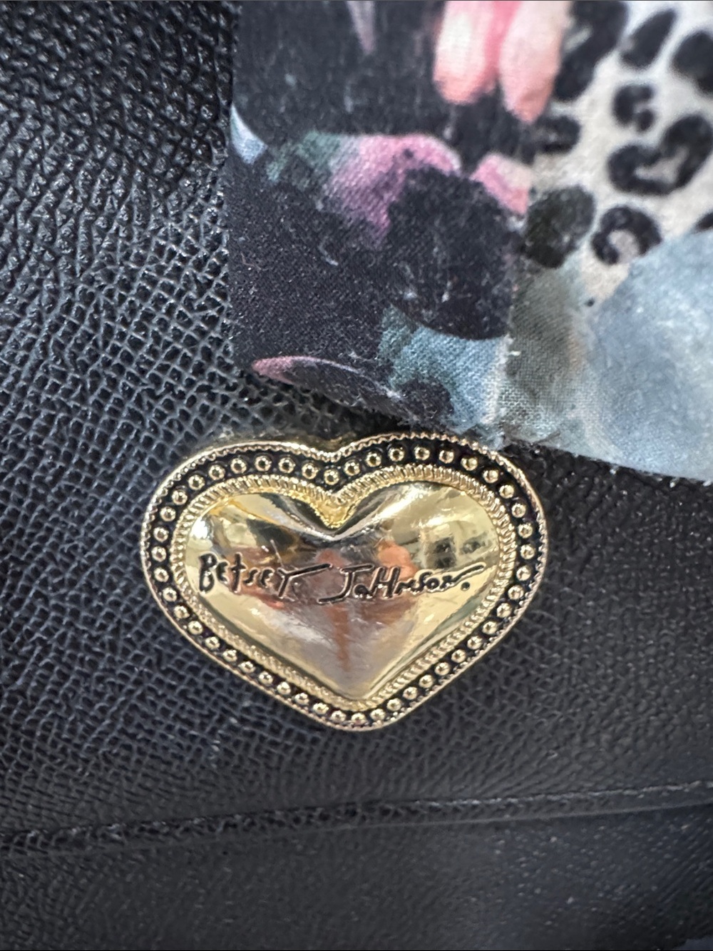 Betsey Johnson Black Satchel with Floral Scarf and Gold Heart Accent - Picture 2 of 5